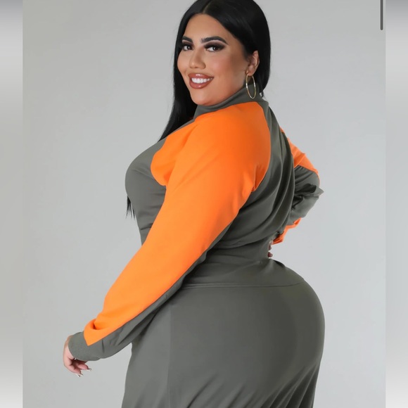 Olive green orange long sleeve mini dress zip up drawstring - Picture 2 of 9